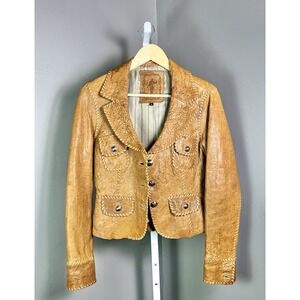 Vintage My Tribe USA Brown Leather Jacket Women's M Whipstitch Blazer 70's